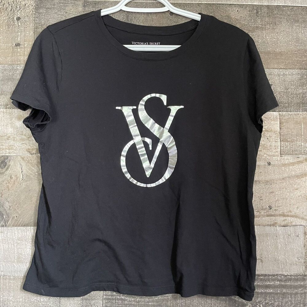 Victoria's Secret Womens M Black VS T-Shirt Graphic Tee Foil Logo Short Sleeve